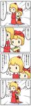  2girls 4koma ? aki_minoriko aki_shizuha blonde_hair chibi comic hair_ornament hat highres leaf maple_leaf multiple_girls outstretched_arms potaaju shadow siblings sisters solid_oval_eyes touhou translated 