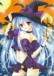  absurdres bat black_panties blue_hair bustier choker detached_sleeves halloween hand_on_headwear hat hat_ribbon highres long_hair marker_(medium) midriff moon navel original panties pastel_(medium) red_eyes ribbon solo tegaki_no_yuu traditional_media underwear very_long_hair wand witch_hat 