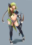  bad_id bad_pixiv_id bow_(weapon) breasts cleavage elbow_gloves elf elsword fingerless_gloves fullluv gloves green_eyes green_hair highres large_breasts long_hair pointy_ears rena_(elsword) simple_background solo thighhighs trapping_ranger_(elsword) weapon 