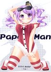  breasts buttons character_request covered_nipples dress dress_tug eyewear_on_head kneeling medium_breasts no_panties paper_man purple_eyes purple_hair santa_costume shoes striped sunglasses suzuno_nonono thighhighs twintails 