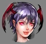  close-up demon_girl face head_wings lilith_aensland lips purple_hair red_eyes short_hair simple_background solo succubus vampire_(game) yurizuka_(sergeant_heart) 