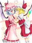  absurdres bat_wings blonde_hair blue_eyes blue_hair flandre_scarlet food fumi11gou hands_on_shoulders hat hat_ribbon highres long_hair multiple_girls pocky pocky_kiss red_eyes remilia_scarlet ribbon shared_food siblings sisters touhou wings 