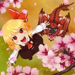  bad_id bad_pixiv_id blonde_hair cherry_blossoms crossover dragon from_above looking_up monster_hunter open_mouth rathalos rumia shin_psalm short_hair smile touhou 