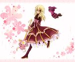  1girl blonde_hair boots creature doll dress elise_lutus elize_lutus flower frills green_eyes long_hair ribbon staff tales_of_(series) tales_of_xillia teepo_(tales) tippo white_background 