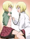  blonde_hair blue_eyes blush doctor erica_hartmann flat_chest glasses incest labcoat multiple_girls nipples open_mouth playing_doctor shirt_lift short_hair siblings sisters sitting skirt smile stethoscope strike_witches sweatdrop twincest twins ursula_hartmann world_witches_series youkan yuri 