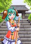  animal_ears aqua_eyes aqua_hair bamboo_broom broom kasodani_kyouko kawachi_koorogi looking_at_viewer marker_(medium) solo stairs tail temple touhou traditional_media 