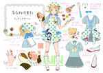  1girl :3 absurdres alternate_costume apron badge bandaid bandaid_on_finger bandaid_on_knee blonde_hair blue_eyes blush brother_and_sister button_badge checkerboard_cookie cookie food hair_ornament hairclip highres kagamine_len kagamine_rin looking_at_viewer muffin oven_mitts polka_dot polka_dot_apron school_uniform shoes siblings treble_clef twins uwabaki vocaloid whisk 