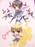  black_keys blonde_hair brown_eyes brown_hair character_name chibi cross cup drinking_glass fate/zero fate_(series) gate_of_babylon gilgamesh jewelry kotomine_kirei male_focus multiple_boys necklace red_eyes to_kachan wine_glass 