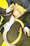  animal_ears bad_id bad_pixiv_id blonde_hair casual cat_ears cat_tail collar cross cross_necklace fate/stay_night fate_(series) gilgamesh jewelry kemonomimi_mode kotomine_kirei male_focus multiple_boys necklace red_eyes tail xia_(ryugo) yellow_background 