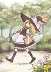  aoyagi_neko apron blonde_hair book bow broom flower hat hat_bow kirisame_marisa leaning_back long_hair looking_at_viewer pocket solo touhou waist_apron walking white_bow witch_hat 