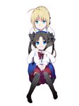  ahoge artoria_pendragon_(all) bad_id bad_pixiv_id banned_artist black_hair black_legwear blonde_hair blue_eyes casual child fate/zero fate_(series) hair_ribbon long_hair multiple_girls on_lap pantyhose ribbon saber smi_(enraku) thighhighs toosaka_rin twintails younger 