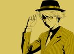  finger_on_hat formal gintama hat kuma_(persona_4) looking_at_viewer male_focus monochrome necktie parody persona persona_4 pointing smile solo suit uzu_hi yellow yellow_eyes 
