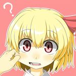  ? blonde_hair cheek_pinching face hands hecchi_(blanch) pinching pink_background red_eyes rumia simple_background solo touhou 