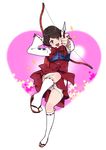  :3 arrow bad_id bad_pixiv_id blush bow bow_(weapon) brown_eyes brown_hair heart kneehighs maccyman pointing sandals sengoku_basara sengoku_basara_3 solo sparkle standing standing_on_one_leg tabi tsuruhime weapon white_legwear 