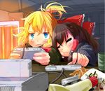  :t =_= blonde_hair blue_eyes bow brown_hair contemporary controller cuddling cup fingernails game_cartridge game_console game_controller hair_bow hair_grab hair_ornament hair_ribbon hair_tubes hairclip hakurei_reimu heater kirisame_marisa multiple_girls nail_clippers no_hat no_headwear playing_games ponytail ribbon super_famicom taker_(flamestorm) touhou yuri 