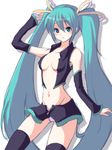  aqua_eyes aqua_hair detached_sleeves groin hatsune_miku keropon long_hair looking_at_viewer midriff navel open_clothes open_shirt panties shirt simple_background skirt solo thighhighs twintails underwear very_long_hair vocaloid white_background 