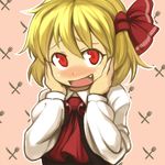  blonde_hair blush fang fork hands_on_own_cheeks hands_on_own_face knife looking_at_viewer mizuno_(okn66) rumia sepia_background short_hair smile solo touhou upper_body 