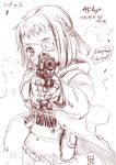  aiming aiming_at_viewer braid character_request copyright_request dated english eyepatch gun handgun holding holding_gun holding_weapon holster hood hooded_jacket inoue_sora jacket m1911 midriff monochrome pistol short_hair single_braid solo translation_request trigger_discipline weapon 