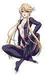  :p bad_id bad_pixiv_id barefoot blonde_hair bodysuit breasts brown_eyes center_opening feet fingerless_gloves fishnets full_body gloves kasuga_(sengoku_basara) kunai long_hair maccyman sengoku_basara simple_background small_breasts solo toeless_legwear toes tongue tongue_out weapon white_background 