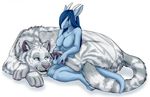  anthro blue_body blue_eyes blue_hair breasts dragon feline female feral fluffy_tail hair horn mammal nude plain_background scalie sera tickling tiger toradoshi whiskers white_background 