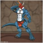  aaron aaron_(artist) abs biceps big_muscles blue_scales bulge claws digimon flamedramon horn looking_at_viewer male mask muscles nipples pecs pepsi_(fa) solo speedo speedos standing swimsuit 
