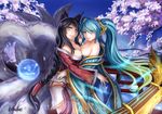 ahri animal_ears aqua_eyes aqua_hair bare_shoulders braid breast_press breasts cherry_blossoms cleavage detached_sleeves facial_mark fox_ears fox_tail gradient_hair green_hair large_breasts league_of_legends long_hair looking_at_viewer multicolored_hair multiple_girls multiple_tails petals qblade smile sona_buvelle symmetrical_docking tail twintails very_long_hair whisker_markings yellow_eyes 
