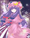  capelet coat crescent double_bun dress hair_ribbon hat highres long_hair ogakuru open_clothes open_coat patchouli_knowledge purple_eyes purple_hair ribbon solo star striped striped_dress touhou wide_sleeves 