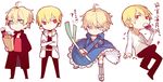  ahoge arthur_pendragon_(fate) artoria_pendragon_(all) bag blonde_hair casual chibi coat cosplay crossdressing cup dress drinking_glass dual_persona earrings fate/prototype fate/stay_night fate/zero fate_(series) gilgamesh green_eyes grocery_bag jewelry male_focus mayer multiple_boys necklace red_eyes saber saber_(cosplay) shopping_bag spring_onion white_background wine_glass 