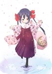  black_hair boots bow brown_eyes errant floral_print hair_bow hakama japanese_clothes k-on! long_hair looking_down meiji_schoolgirl_uniform nakano_azusa petals pinching_sleeves purple_hakama ripples sleeves_past_wrists smile solo twintails water wide_sleeves 