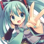  :d detached_sleeves foreshortening green_eyes green_hair hatsune_miku headset long_hair nail_polish nanashi_(soregashi) necktie open_mouth smile solo twintails v very_long_hair vocaloid 