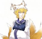  blonde_hair face fox_tail hands_in_opposite_sleeves hat kemuma short_hair simple_background smile solo tail touhou upper_body yakumo_ran 