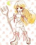  ahoge blonde_hair boots chibi fork holding holding_fork knee_boots long_hair milla_maxwell miniskirt orange0512 ribbon sketch skirt smile solo tales_of_(series) tales_of_xillia 