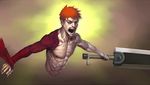  bad_id bad_pixiv_id berserk crossover dragonslayer_(sword) emiya_shirou fate/stay_night fate_(series) male_focus manly muscle realistic red_eyes red_hair ribbon shiba_(berryeater) shirtless sword weapon 