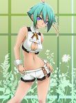  anti_(untea9) aquarion_(series) aquarion_evol bare_shoulders blue_eyes blush breasts cleavage cleavage_cutout green_hair hair_ribbon highres large_breasts looking_at_viewer midriff navel revealing_clothes ribbon short_hair short_shorts shorts smile solo wrist_cuffs zessica_wong 