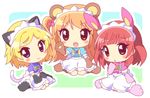  amamiya_rizumu animal_ears blonde_hair blue_eyes blush_stickers bow brown_eyes bunny_ears chibi gloves hair_ornament harune_aira heart heart_hair_ornament mirai_(sugar) multiple_girls open_mouth orange_hair paw_gloves paws pretty_(series) pretty_rhythm pretty_rhythm_aurora_dream red_eyes red_hair sitting tail takamine_mion wariza 