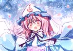  blush dress haruto_(hirokazu1001) hat open_mouth petals pink_eyes pink_hair ribbon saigyouji_yuyuko solo touhou wind 