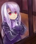  coat fate/zero fate_(series) from_outside gloves illyasviel_von_einzbern long_hair looking_out_window red_eyes silver_hair solo white_hair window yoshiroad 