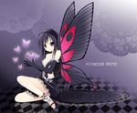  accel_world bare_shoulders black_gloves black_hair breasts bug butterfly butterfly_wings cleavage gloves insect kuroyukihime long_hair red_eyes sitting small_breasts solo tomosuke wings 