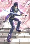  black_hair cherry_blossoms cigarette fighting_stance gintama hijikata_toushirou holding male_focus petals shinsengumi_(gintama) silversnow solo stairs sword uniform weapon wind 