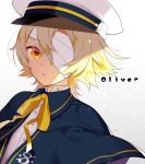  1boy akemaru bandage bandage_over_one_eye blonde_hair blush capelet character_name coat eyebrows_visible_through_hair eyepatch hair_between_eyes hat highres looking_at_viewer male_focus oliver_(vocaloid) open_mouth ribbon sailor_collar sailor_hat shadow shirt signature solo vocaloid yellow_eyes 