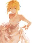  ahoge artoria_pendragon_(all) breasts cleavage dress fate/stay_night fate_(series) green_eyes hair_ribbon mayer no_lineart ribbon saber simple_background small_breasts solo strapless strapless_dress white_background 