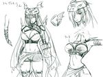  animal_hat black_beat braid breasts buckle character_sheet cleavage digimon digimon_xros_wars hair_over_one_eye hat large_breasts long_hair mervamon monochrome navel no_humans pauldrons shorts thighhighs translation_request 