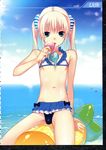  1boy absurdres bikini blonde_hair blue_eyes bow bulge cloud clouds eating food highres ice_cream licking male male_focus messy miniskirt ocean oto_nyan penis pig_tails saikawa_yusa short_skirt short_twintails skirt solo swimsuit trap twintails udk 