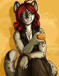  alcohol beverage blue_eyes bracelet breasts cigarette cleavage clothed clothing feline female fox-die hair jewelry leopard long_hair looking_at_viewer mammal nikkita_fay red_hair smile smoke smoking smug solo 