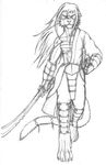  armor black_and_white feline female frostwyrm102 looking_at_viewer mammal monochrome plain_background solo sword warrior weapon white_background 