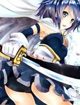  ass black_panties blue_eyes blue_hair cape gloves magical_girl mahou_shoujo_madoka_magica miki_sayaka narushima_kanna open_mouth panties pleated_skirt short_hair skirt solo sword underwear weapon 