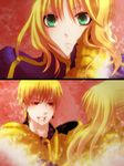  1girl armor artoria_pendragon_(all) bad_id bad_pixiv_id blonde_hair blood dress earrings fate/stay_night fate_(series) gilgamesh green_eyes hair_down hand_on_another's_face jewelry light_particles red_eyes redplus saber 