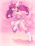  absurdres boots bow candy_(smile_precure!) choker colored_eyelashes cure_happy eyelashes full_body head_wings highres hoshizora_miyuki knee_boots long_hair looking_back magical_girl niku_(kimagureya) panties pantyshot pink pink_background pink_bow pink_choker pink_eyes pink_hair precure print_panties running skirt smile smile_precure! solo tiara twintails underwear white_panties wrist_cuffs 