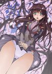  azarashing_day bad_id bad_pixiv_id blush breasts brown_hair cherry_blossoms green_eyes highres medium_breasts panties pantyshot petals setsuko_ohara skirt super_robot_wars super_robot_wars_z super_robot_wars_z2 sweatdrop underwear uniform 