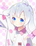  1boy :3 akemaru animal_ears blue_eyes blush buttons cinnamoroll dog_ears dogboy highres looking_at_viewer male_focus pajamas personification pink_hair sanrio smile solo star sweatdrop tareme trembling 